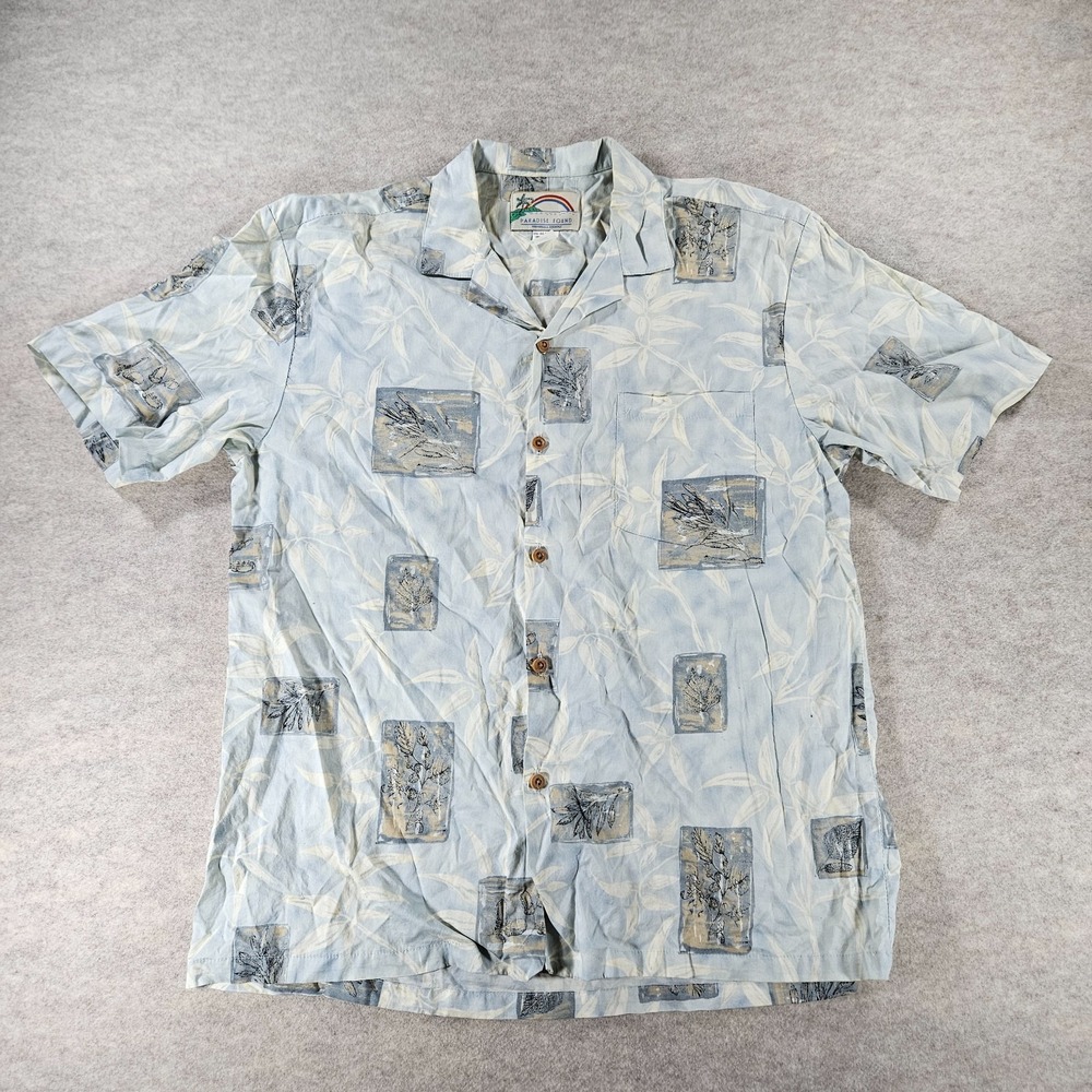 Vintage Paradise Found Hawaiian Shirt Mens L Blue Cotton Lawn Made in Hawaii